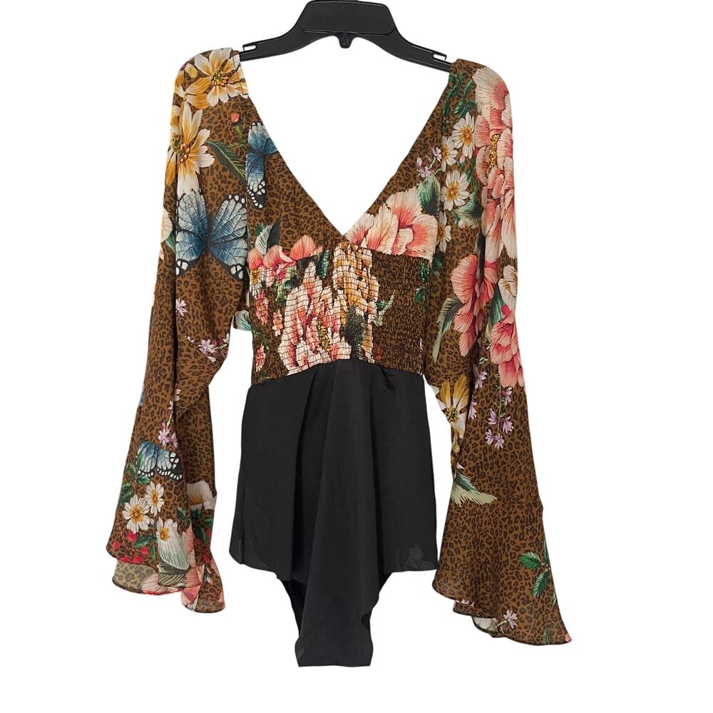 FARM Women's Bell Sleeves Floral Bodysuit Deep V-Neck Size Small